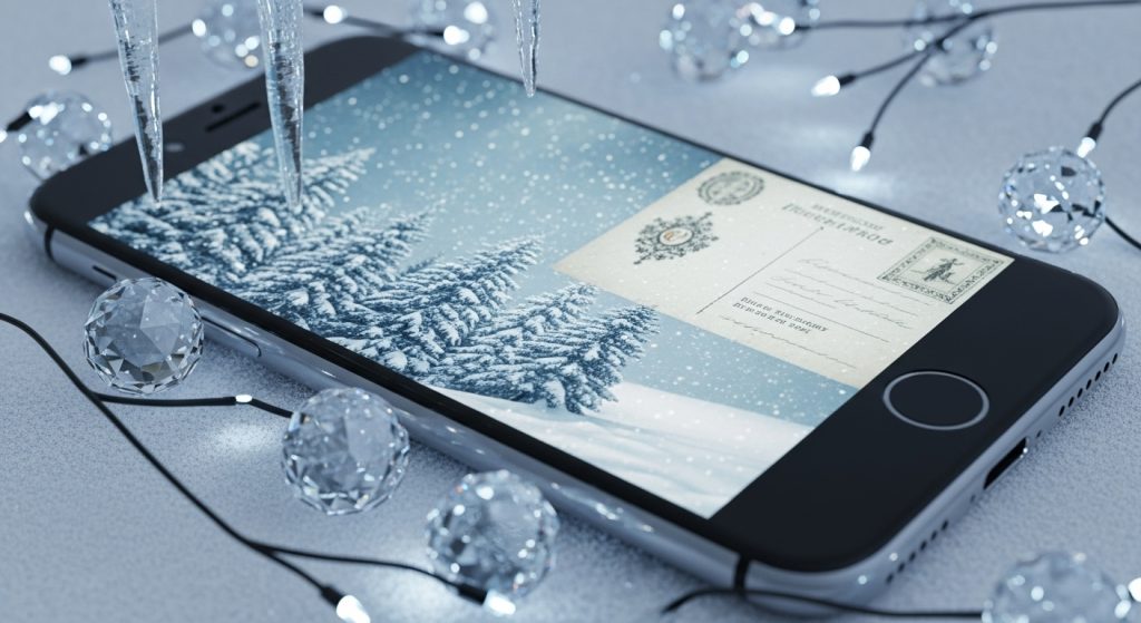 Aesthetic Vintage iPhone Wallpaper: A Timeless Journey for Your Screen 23 Produce a captivating, wintry image depicting a snowy vintage postcard wallpaper on an iPhone, with crystal icicles and soft blue lights enhancing the scene