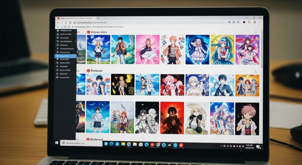 Top Aesthetic Anime Wallpaper Ideas to Personalize Your Screen 8 Laptop screen displaying multiple open tabs of anime wallpaper sites such as Wallpaper Abyss and Pinterest, featuring vibrant and colorful HD designs.