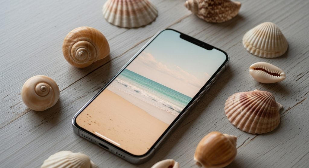 Top Aesthetic Wallpaper Backgrounds for Beach iPhone – HD & Minimal Designs 3 iPhone on wooden table surrounded by seashells, showing a beach aesthetic wallpaper.