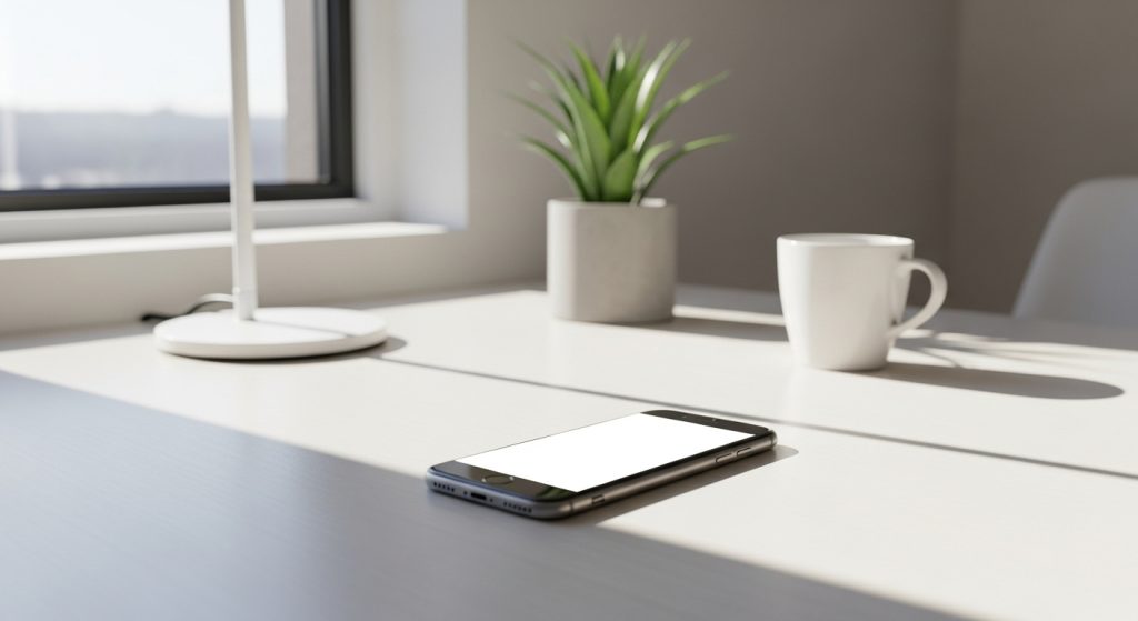 Aesthetic Wallpaper Background iPhone White Minimal & Elegant HD Designs 5 Minimal aesthetic office desk with iPhone showing bright white wallpaper background, soft daylight streaming in."