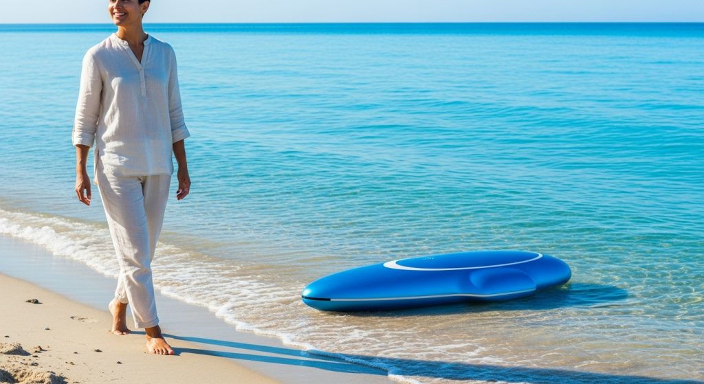 Calm & Cool: Blue Aesthetic Wallpapers for Every Mood 10 Generate a vibrant image of a relaxed person strolling by a blue sea device, in daylight tones of azure and cream for an uplifting, serene vibe.