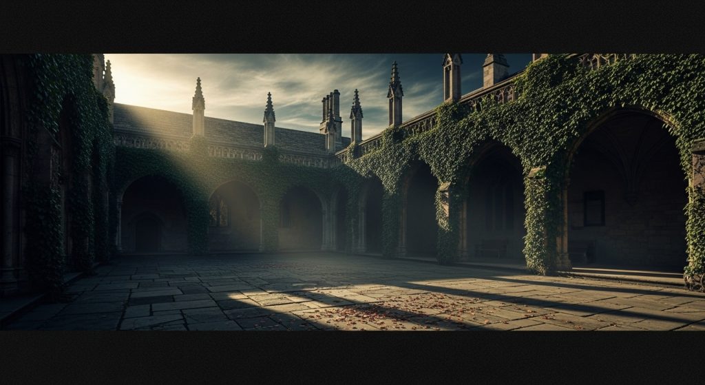 Laptop Wallpaper HD 1080p Aesthetic Vintage Dark Academia Timeless Backgrounds 7 “Gothic university courtyard with ivy-covered arches styled as a vintage dark academia laptop wallpaper background.”