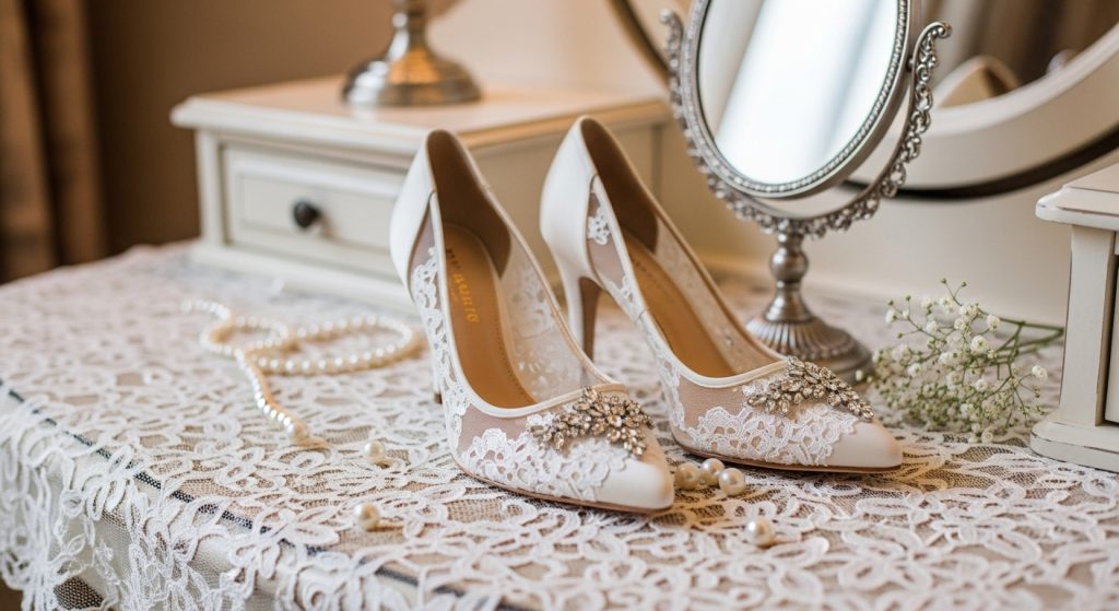 Wedding Heels Badgley Mischka Fenix Bridal Heels: Comfortable & Elegant Wedding Shoes for Brides 2 Elegant ivory satin bridal heels on a lace-covered vanity table)