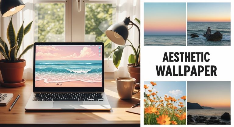 Ultra-realistic, high-resolution image of a modern laptop on a clean wooden desk, screen showing a stunning pastel beach aesthetic wallpaper with gentle waves and seashells, surrounded by cozy elements like a coffee mug, plant, and sunlight streaming through a window, cinematic lighting, 2:3 landscape ratio, 2 rows × 2 columns collage with additional wallpapers (abstract gradient, floral bloom, earth tone), overlay text in bold clear font reading "Aesthetic Laptop Wallpaper", visible, sharp, and designed for high CTR on Pinterest.
