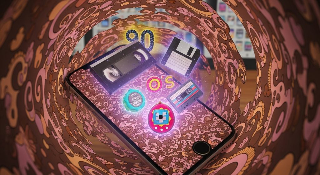 Vintage 90s Retro Brown & Pink iPhone Wallpaper Aesthetic 8 iPhone transforming into a 90s portal with brown and pink wallpaper, swirling motifs, and retro icons glowing in enchanted light for a striking effect.