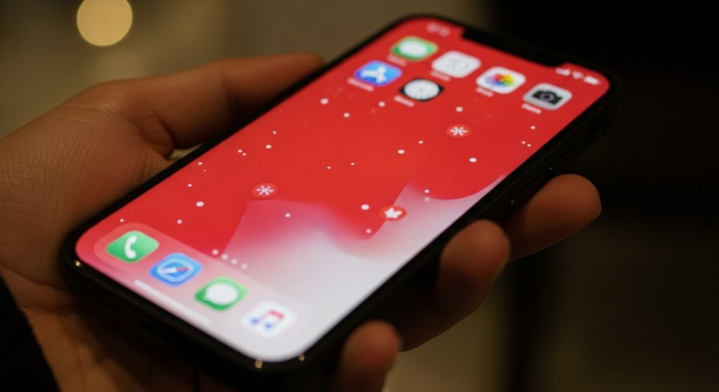 Aesthetic Wallpaper Background iPhone Red Bold & Stylish HD Designs 10 : An iPhone showing a red Christmas-themed wallpaper with minimal snowflakes.