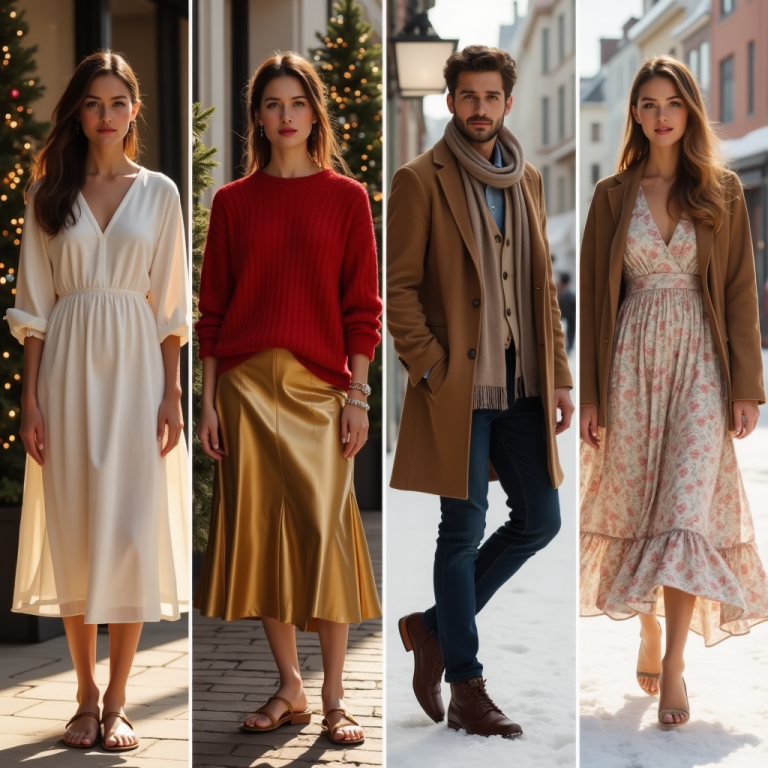 Stylish seasonal outfit inspiration: full-body looks for summer, winter parties, men’s winter style, and wedding guest fashion in one cohesive image.