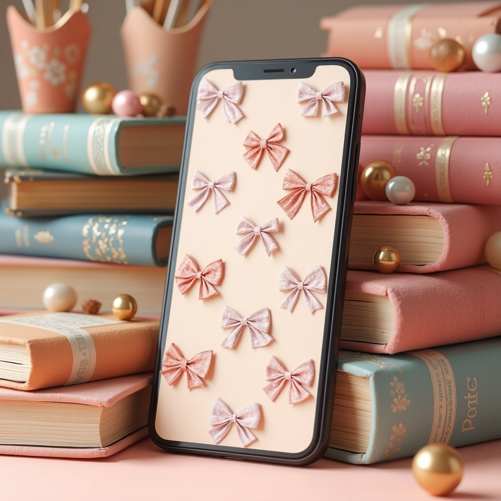 Aesthetic Wallpaper iPhone: Discover 2025 Trends to Refresh Your Screen 9 Illustrate an amazing coquette preppy aesthetic wallpaper iPhone with bows and checks, displayed on a phone amid vintage books, eye-catching with pastel highlights.