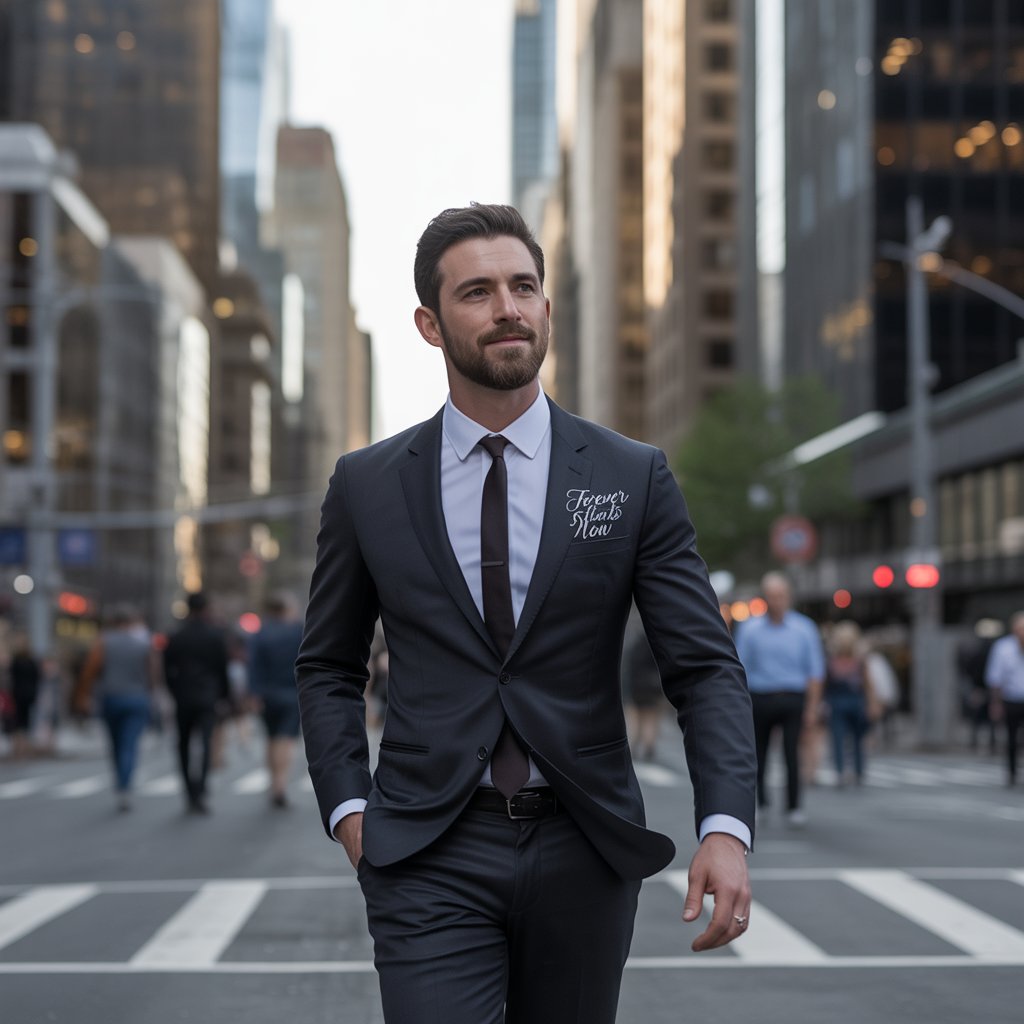 Groom Suits: Style, Elegance, and the Big Day 4 Groom wearing a charcoal slim fit suit, walking confidently through a modern city street.