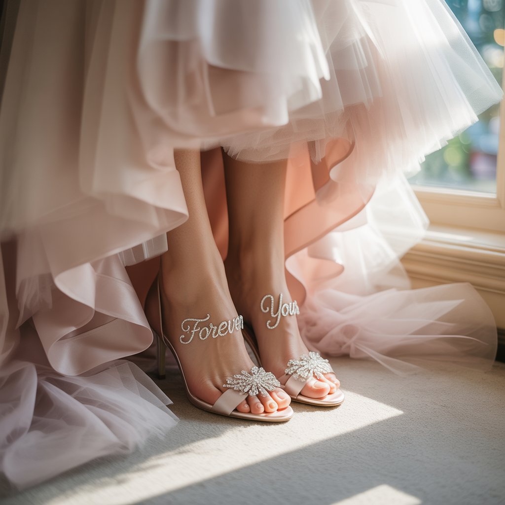 Wedding Heels Badgley Mischka Fenix Bridal Heels: Comfortable & Elegant Wedding Shoes for Brides 8 (Image: Bride’s feet in layered tulle gown showing crystal-embellished heels)