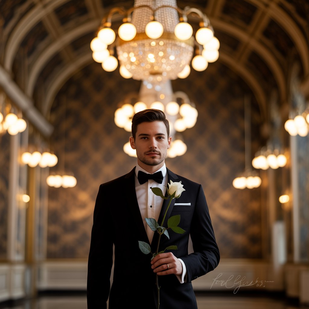 Groom Suits: Style, Elegance, and the Big Day 3 A groom wearing a black tuxedo, standing under elegant chandeliers in a vintage ballroom.