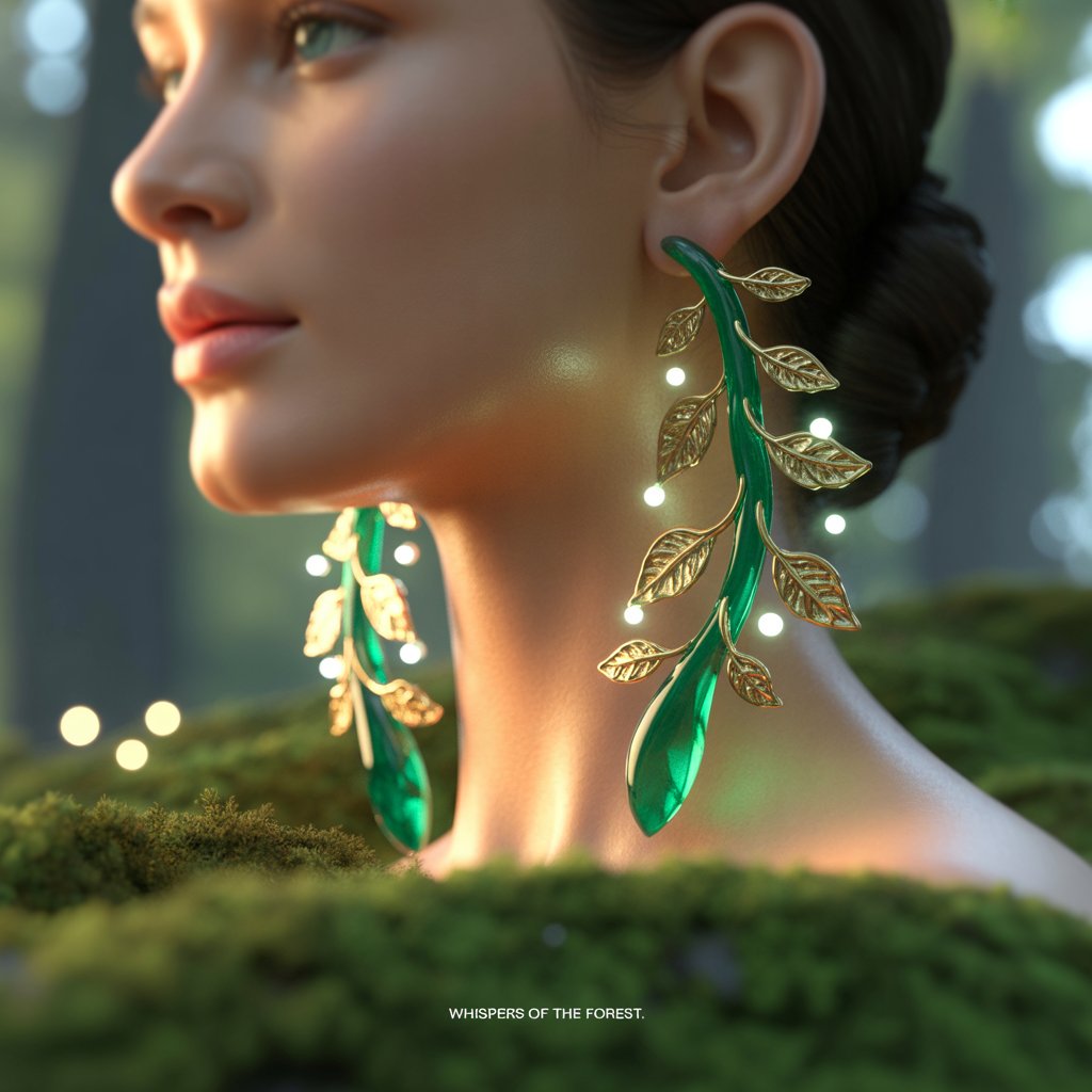 Emerald Jewelry Designs 2025 6 Whimsical illustration of vine-shaped emerald earrings dangling from a model's ear, intertwined with delicate gold leaves and tiny flowers, set in a forest scene with soft bokeh lights, evoking a magical, nature-embraced fantasy.