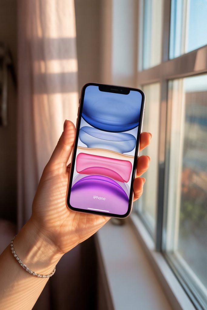 Aesthetic Wallpaper iPhone: Discover 2025 Trends to Refresh Your Screen 2 Craft a beautiful, eye-catching image of an iPhone screen glowing with a pastel wave aesthetic wallpaper, held in a hand against a sunny window, evoking morning freshness and inspiration.