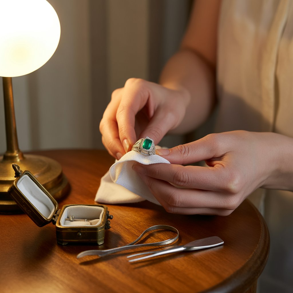 Emerald Jewelry Designs 2025 13 Gentle hands cleaning an emerald ring with a soft cloth, beside a jewelry box and care tools on a wooden table, illuminated by warm lamp light, conveying care and preservation in a cozy, detailed scene.