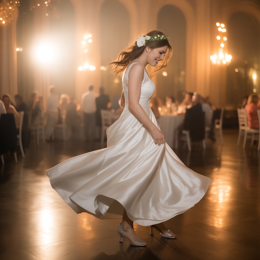 Wedding Heels Badgley Mischka Fenix Bridal Heels: Comfortable & Elegant Wedding Shoes for Brides 10 (Image: Bride dancing in sparkling heels at reception hall)