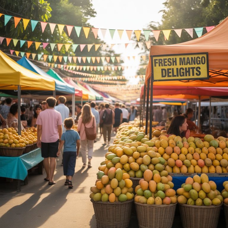A colorful outdoor mango festival market with stalls decorated in yellow and orange. Baskets overflowing with ripe mangoes, mango drinks on display, and families walking around. Bright bunting flags hang above. No people’s faces shown clearly.