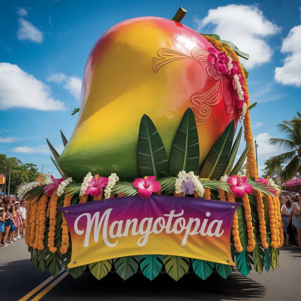 Mango Festival: A Juicy Celebration of Flavor, Culture, and Fun 10 A decorative float shaped like a giant mango, surrounded by flowers and tropical leaves, part of a fruit-themed parade.