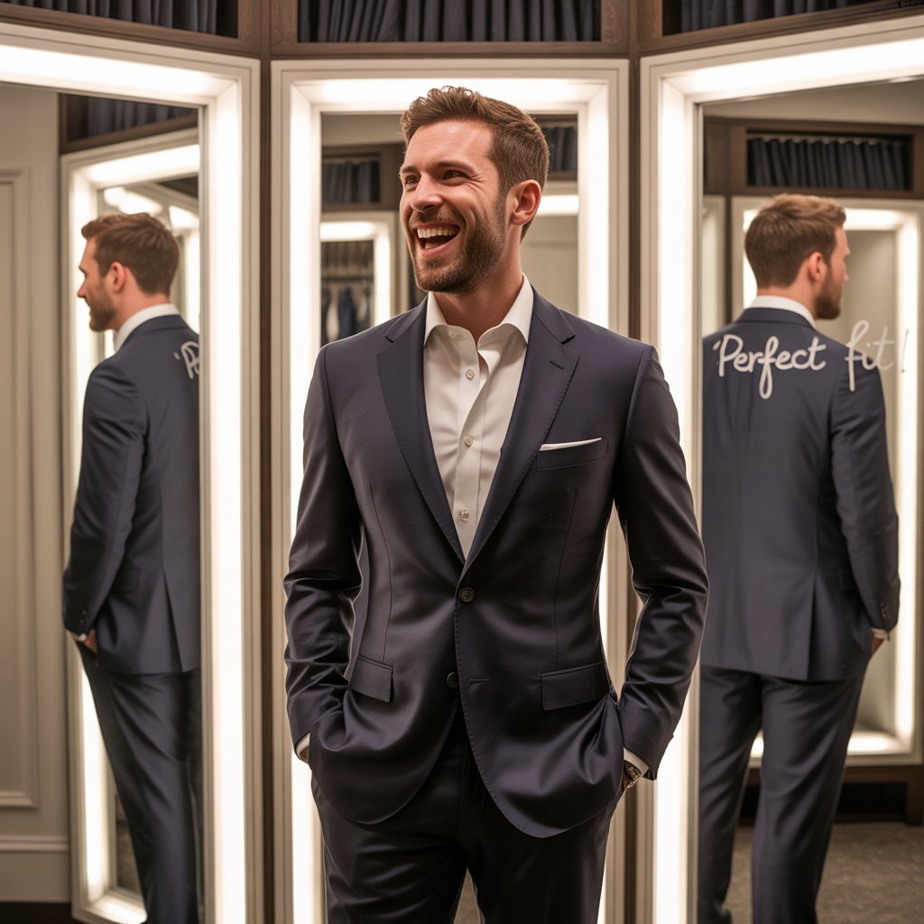 Groom Suits: Style, Elegance, and the Big Day 2 Groom trying on navy blue suit in a fitting room before wedding day.