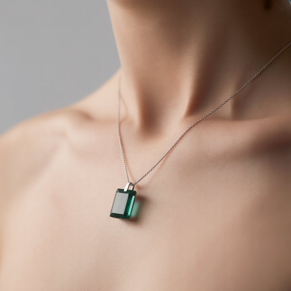 Emerald Jewelry Designs 2025 10 Minimalist emerald pendant necklace on a delicate chain, hanging against a model's collarbone, with soft natural light accentuating the stone's clarity, in a clean, serene studio shot that's elegant and inviting.