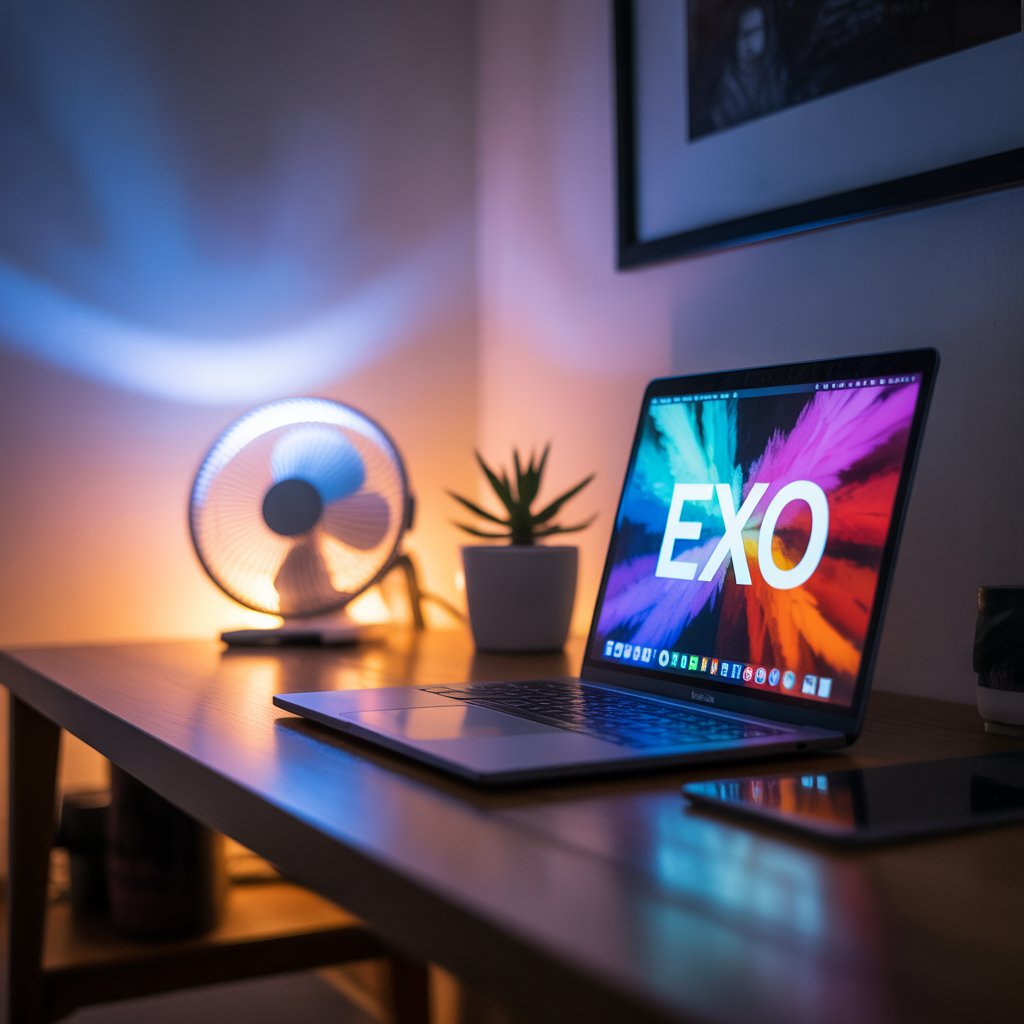 EXO Desktop Wallpaper HD 1080p Dark Aesthetic for Laptop 13 Laptop glowing in a dark room, EXO wallpaper on screen with fan lightstick glowing nearby.