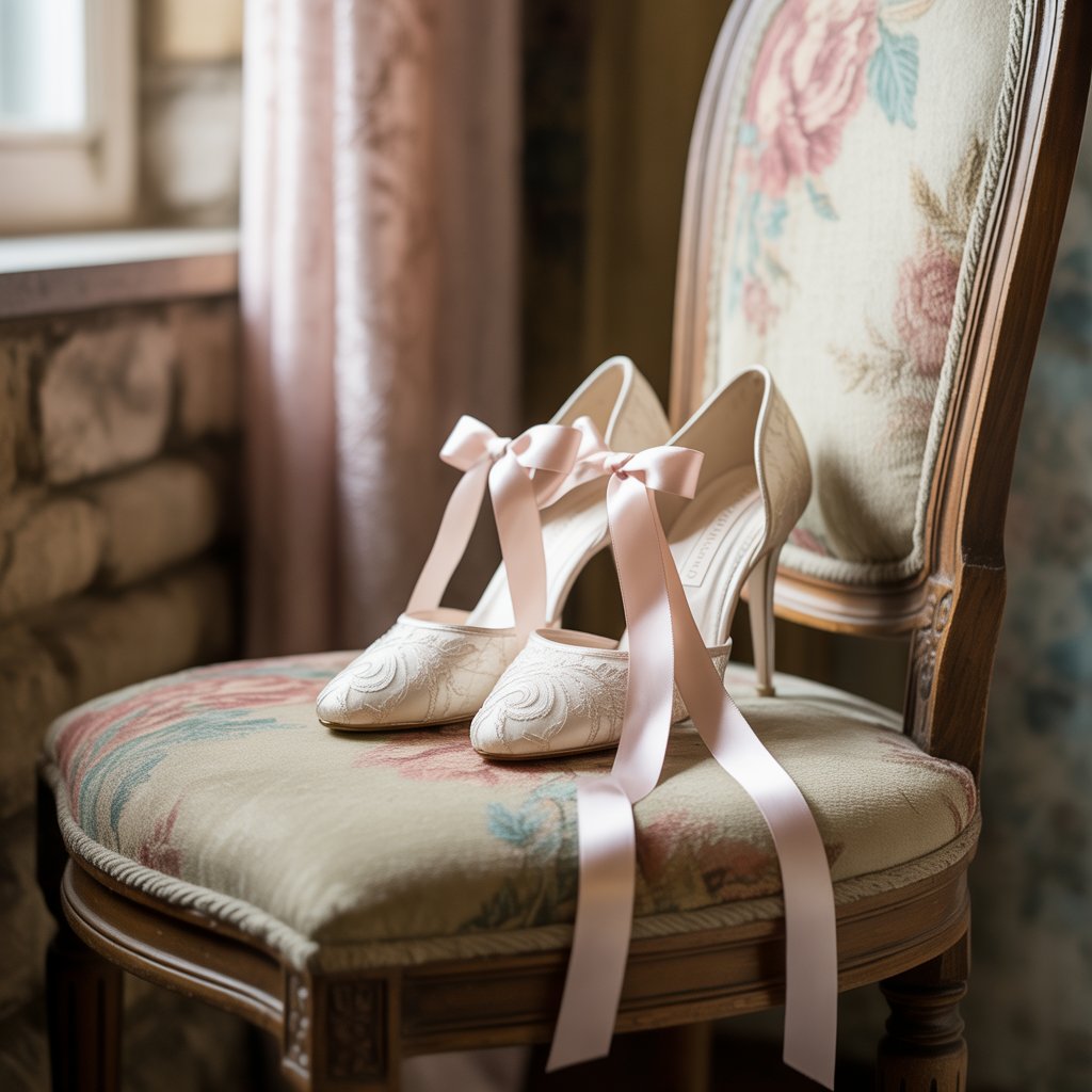 Wedding Heels Badgley Mischka Fenix Bridal Heels: Comfortable & Elegant Wedding Shoes for Brides 7 Image: Romantic ribbon-tied wedding shoes on a vintage chair)