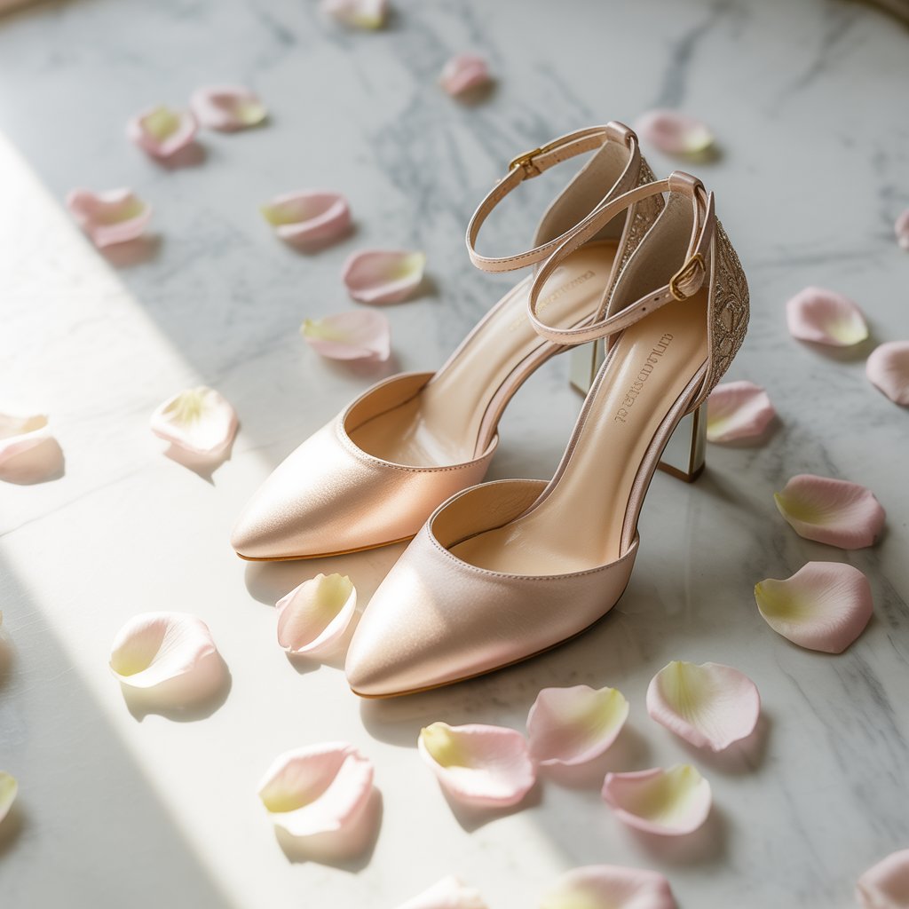 Wedding Heels Badgley Mischka Fenix Bridal Heels: Comfortable & Elegant Wedding Shoes for Brides 9 (Image: Gold-accented wedding shoes on marble floor with scattered petals)