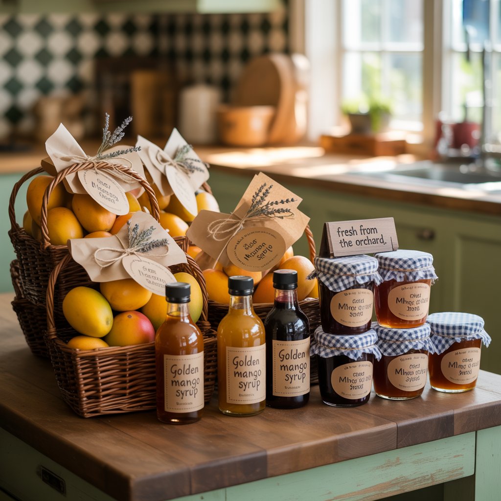 Mango Festival: A Juicy Celebration of Flavor, Culture, and Fun 11 A take-home counter with neatly packed mango gift baskets, syrup bottles, and jars of preserves. No people shown.
