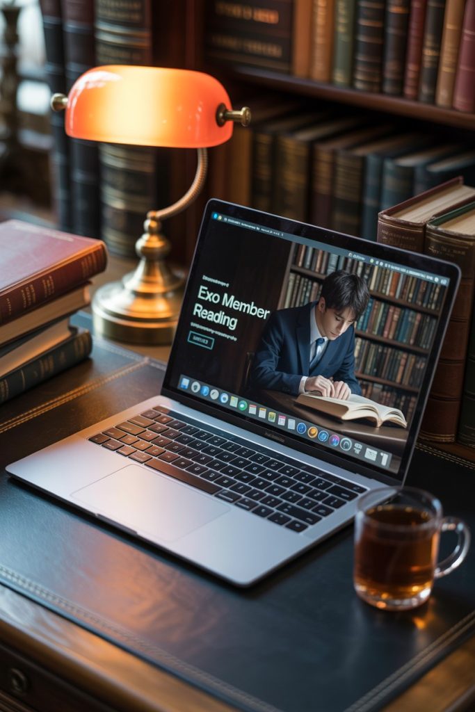 EXO Desktop Wallpaper HD 1080p Dark Aesthetic for Laptop 8 Laptop on a study desk with books around, wallpaper of EXO member reading in dark academia theme.