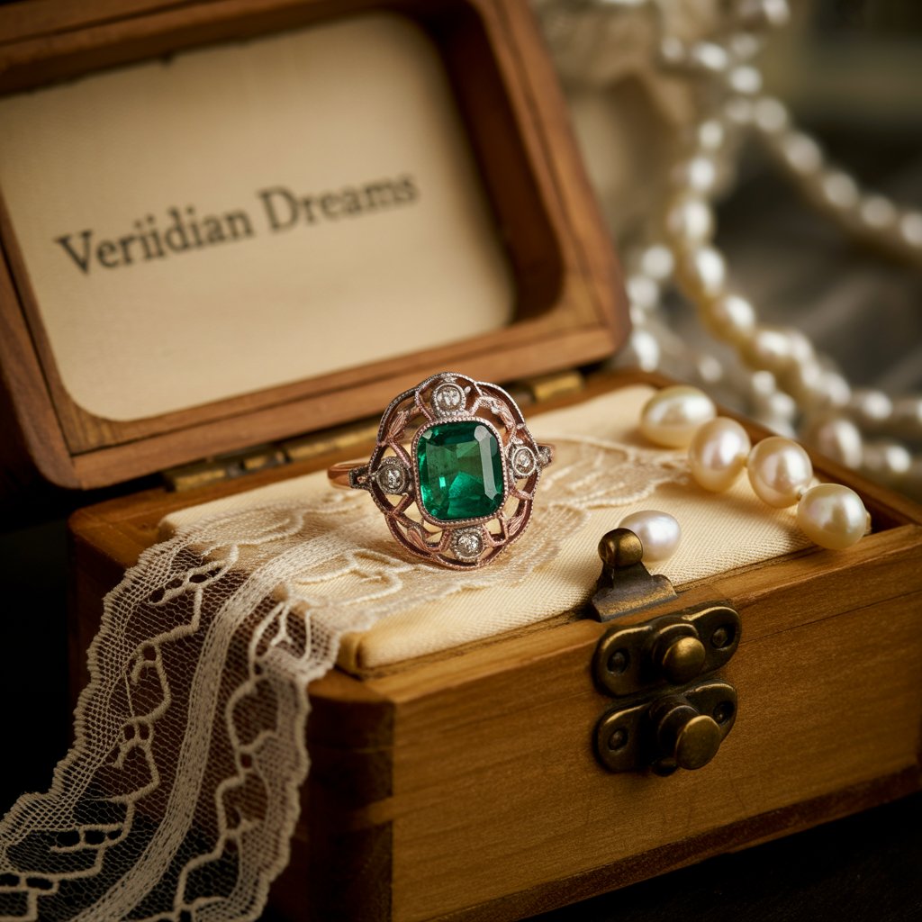 Emerald Jewelry Designs 2025 8 Vintage-style emerald ring on an antique wooden box, with detailed filigree in mixed rose gold and platinum, surrounded by scattered pearls and old lace, in a warm, nostalgic lighting that draws the eye to the gem's timeless allure.