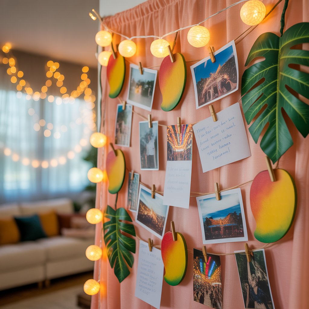 Mango Festival: A Juicy Celebration of Flavor, Culture, and Fun 13 A mango-themed memory wall display with pinned photos, notes, and festival mementos under fairy lights.