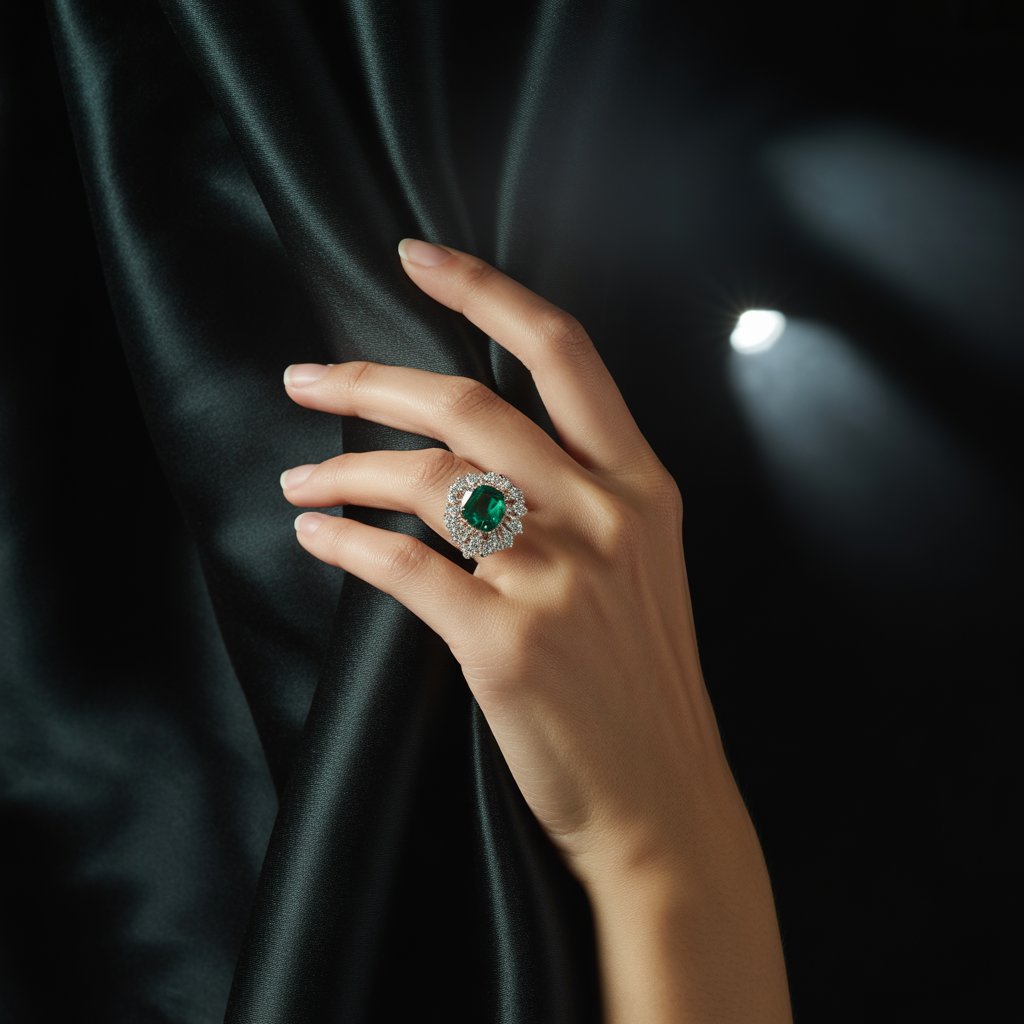 Emerald Jewelry Designs 2025 4 Stunning close-up of a woman's hand wearing a bold emerald cocktail ring with diamond accents, fingers elegantly posed against a black velvet background, illuminated by dramatic lighting to emphasize the gem's deep green sparkle and intricate design.