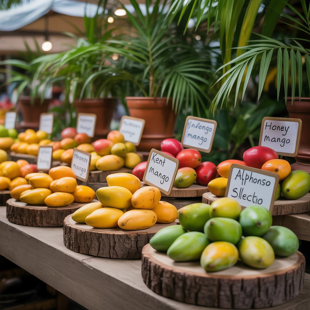 Mango Festival: A Juicy Celebration of Flavor, Culture, and Fun 3 An elegant display of different mango varieties labeled with their names on wooden trays at a tropical-themed booth.