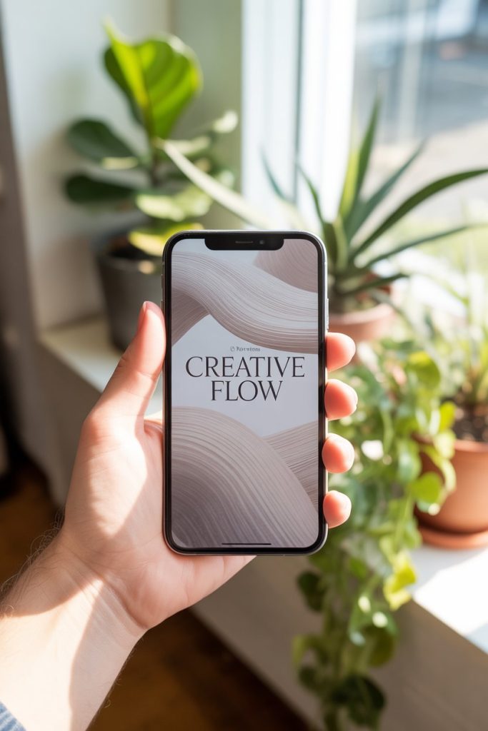 Aesthetic Wallpaper iPhone: Discover 2025 Trends to Refresh Your Screen 4 Illustrate a captivating iPhone held up, displaying a textured aesthetic wallpaper with subtle lines, in a bright room with plants, conveying joy and creative spark.
