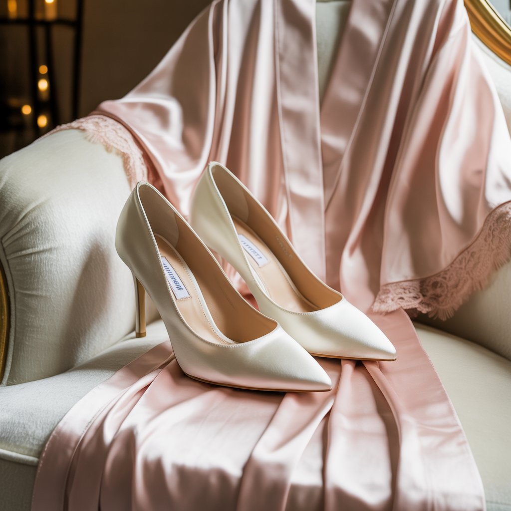 Wedding Heels Badgley Mischka Fenix Bridal Heels: Comfortable & Elegant Wedding Shoes for Brides 6 Classic ivory pumps resting on a silk bridal robe)