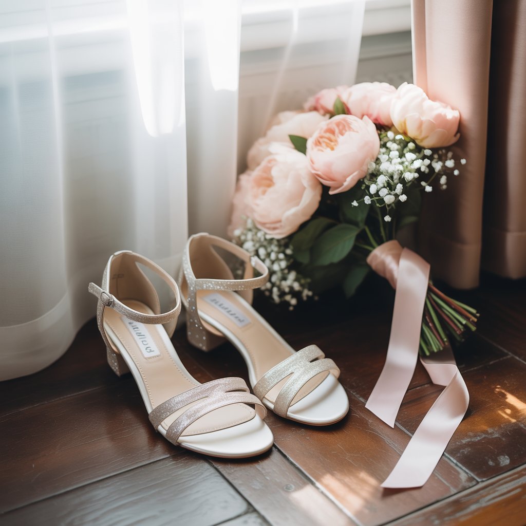 Wedding Heels Badgley Mischka Fenix Bridal Heels: Comfortable & Elegant Wedding Shoes for Brides 17 Glitter-embellished bridal sandals beside bouquet)