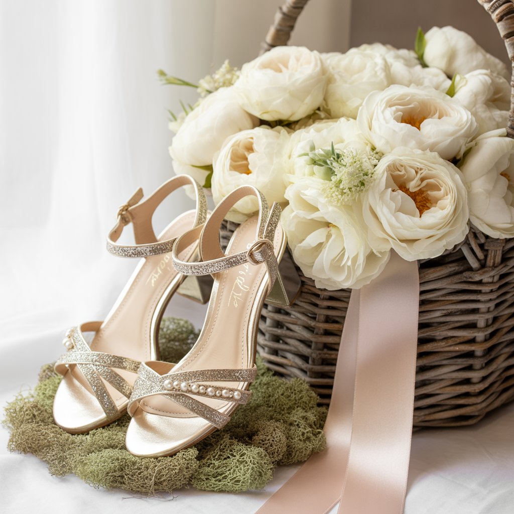 Wedding Heels Badgley Mischka Fenix Bridal Heels: Comfortable & Elegant Wedding Shoes for Brides 16 (Image: Glitter-embellished bridal sandals beside bouquet)