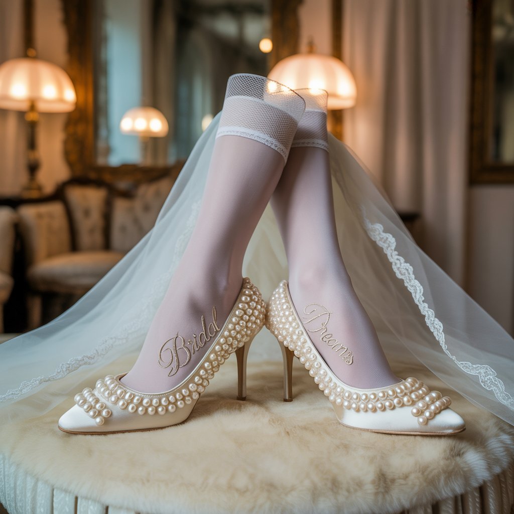 Wedding Heels Badgley Mischka Fenix Bridal Heels: Comfortable & Elegant Wedding Shoes for Brides 11 (Image: Bridal stockings paired with pearl-embellished high heels)
