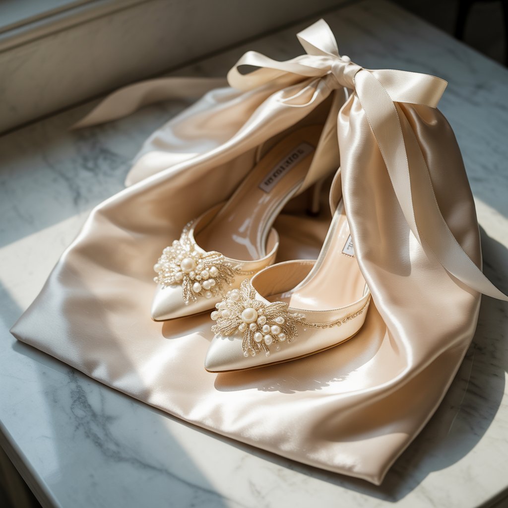 Wedding Heels Badgley Mischka Fenix Bridal Heels: Comfortable & Elegant Wedding Shoes for Brides 18 "Bridal Shoe Guide: Breaking In Your Wedding Shoes for Style, Comfort & All-Day Wear"
Breaking In Your Wedding Shoes: Essential Tips for Comfort & Elegance
Your wedding day is one of the most memorable moments of your life — but it’s also one of the busiest for your feet. From walking down the aisle to dancing until midnight, your shoes will carry you through every cherished step. That’s why Breaking In Your Wedding Shoes: Essential Tips is more than advice — it’s bridal survival. (Image: Elegant ivory satin bridal heels on a lace-covered vanity table)