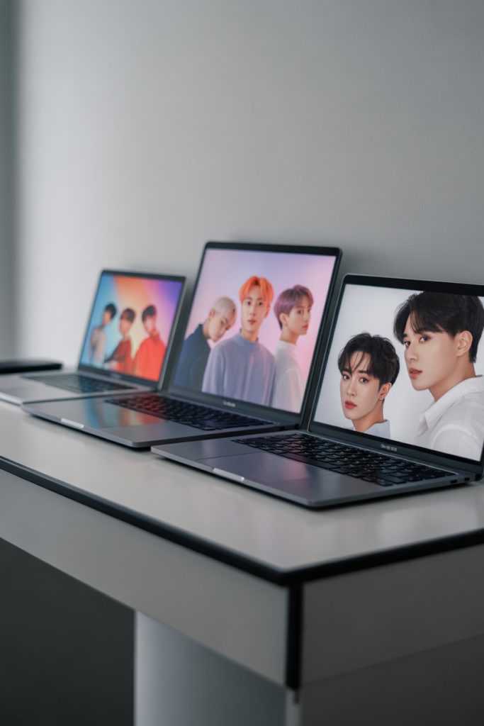 EXO Desktop Wallpaper HD 1080p Dark Aesthetic for Laptop 7 Laptop comparison displaying multiple EXO wallpapers in HD clarity, shown side by side to illustrate different screen sizes.