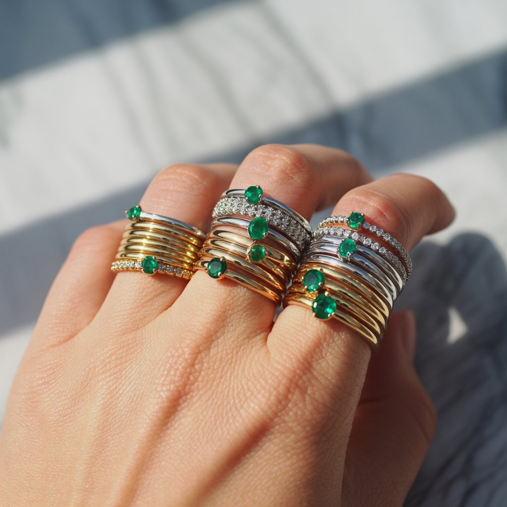 Emerald Jewelry Designs 2025 11 Array of stackable emerald rings on fingers, with varying thin bands in gold and silver holding small green gems, arranged in a creative stack, photographed from above on a marble surface with soft shadows, captivating in its simplicity and variety.
