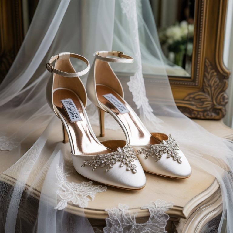 "Badgley Mischka Fenix Bridal Heels in ivory satin with crystal-embellished straps, displayed on a lace-covered table beside a bridal bouquet, soft romantic lighting."