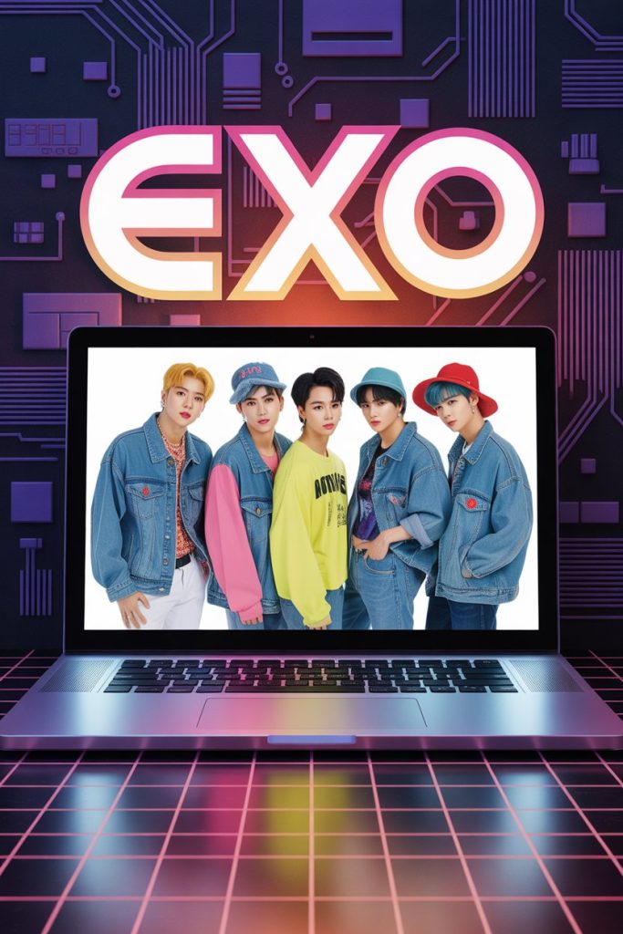 EXO Desktop Wallpaper HD 1080p Dark Aesthetic for Laptop 10 Laptop screen displaying a retro-style EXO wallpaper with grainy VHS texture, featuring members styled in 90s fashion.