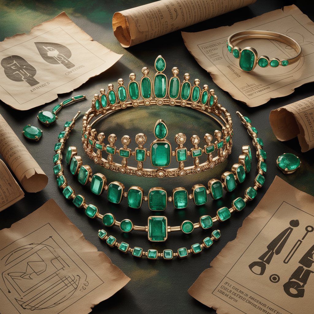 Emerald Jewelry Designs 2025 14 Historical montage blending ancient emerald artifacts with modern 2025 designs, like crowns and contemporary rings side by side, in a rich, textured collage that's visually striking and narrative-driven.