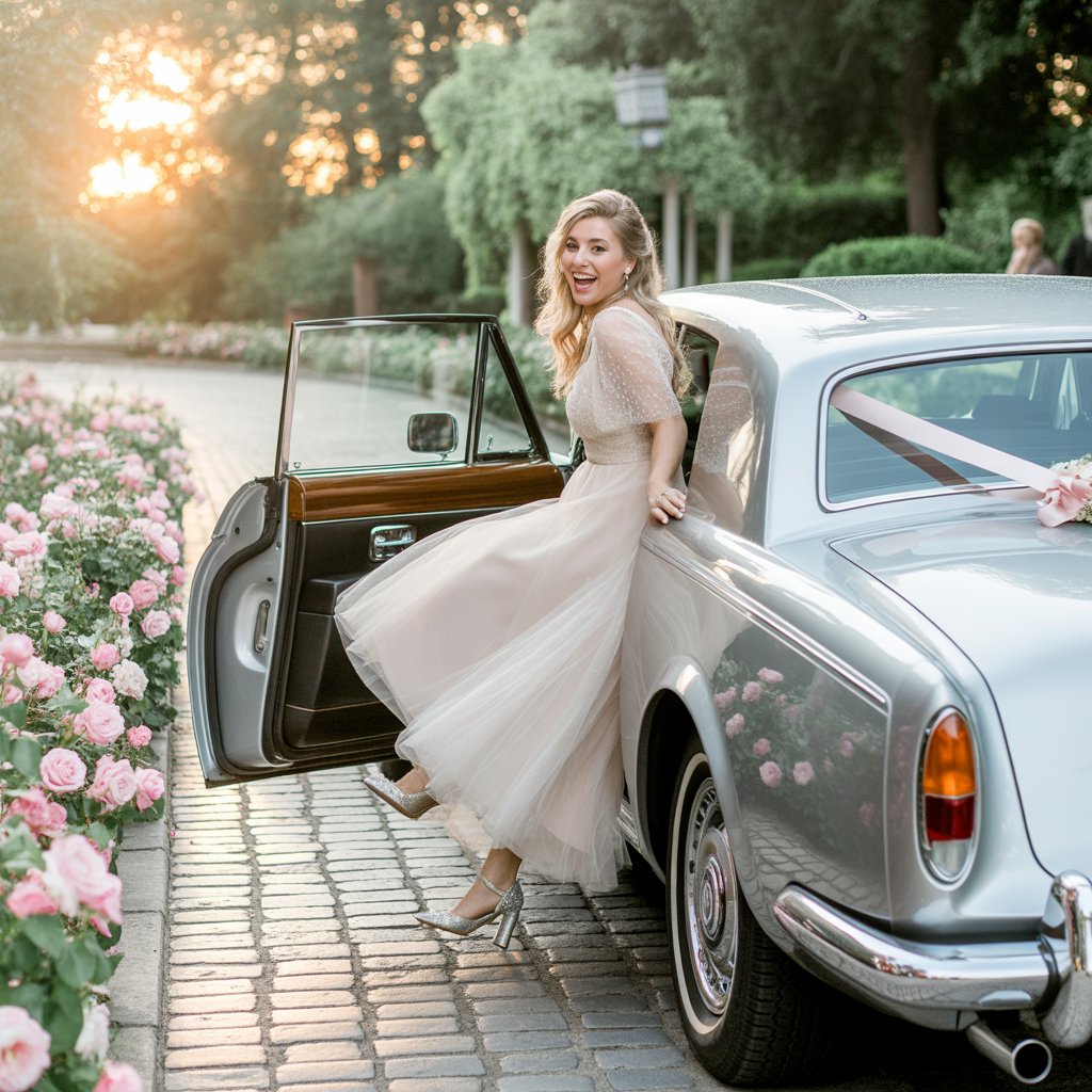 Wedding Heels Badgley Mischka Fenix Bridal Heels: Comfortable & Elegant Wedding Shoes for Brides 19 Image: Bride stepping out of vintage car in sparkling heels)