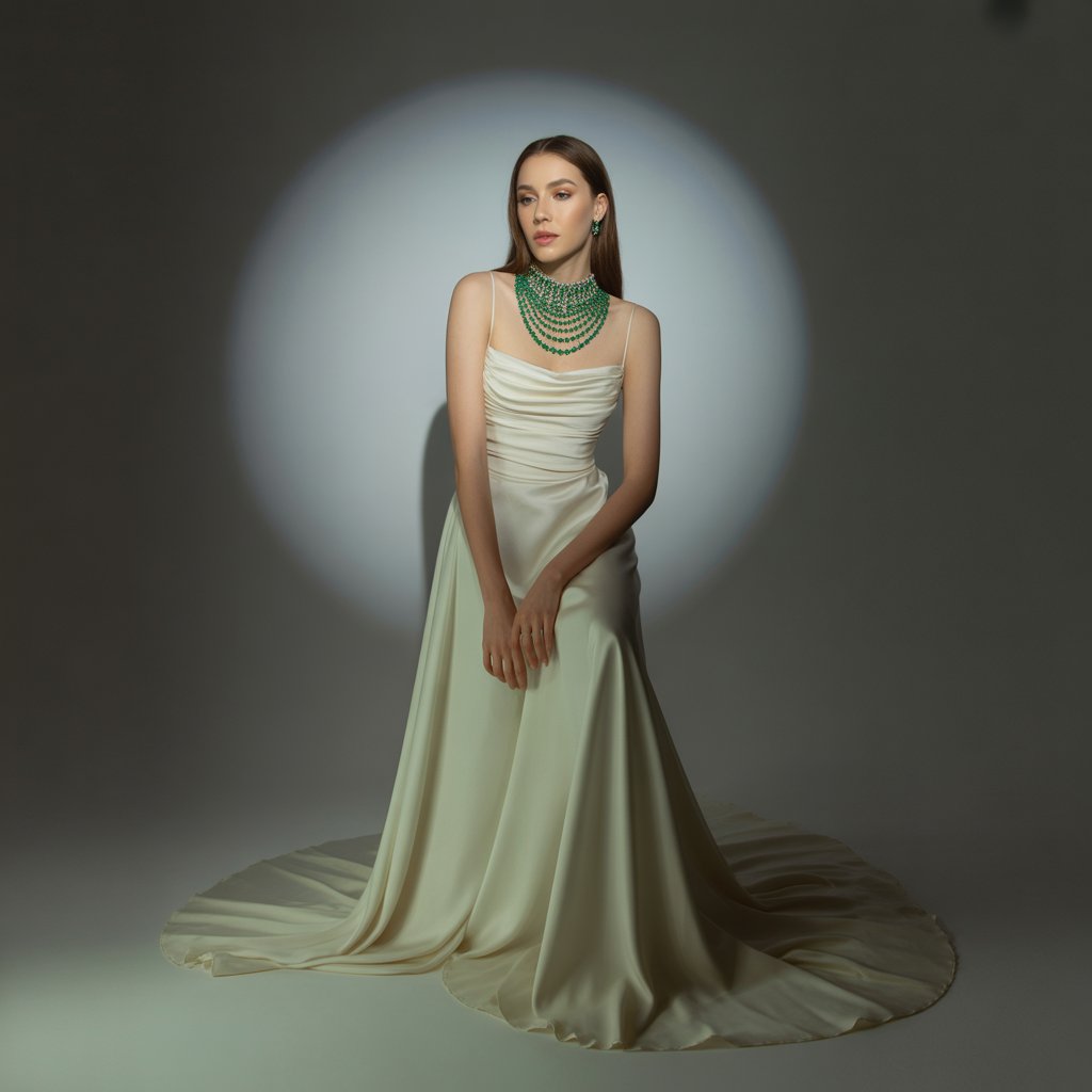Emerald Jewelry Designs 2025 5 Elegant model wearing a multi-strand emerald choker necklace, with soft waves of green gems cascading down her neck, paired with subtle makeup and a flowing gown, in a sophisticated studio portrait that's captivating and regal.
