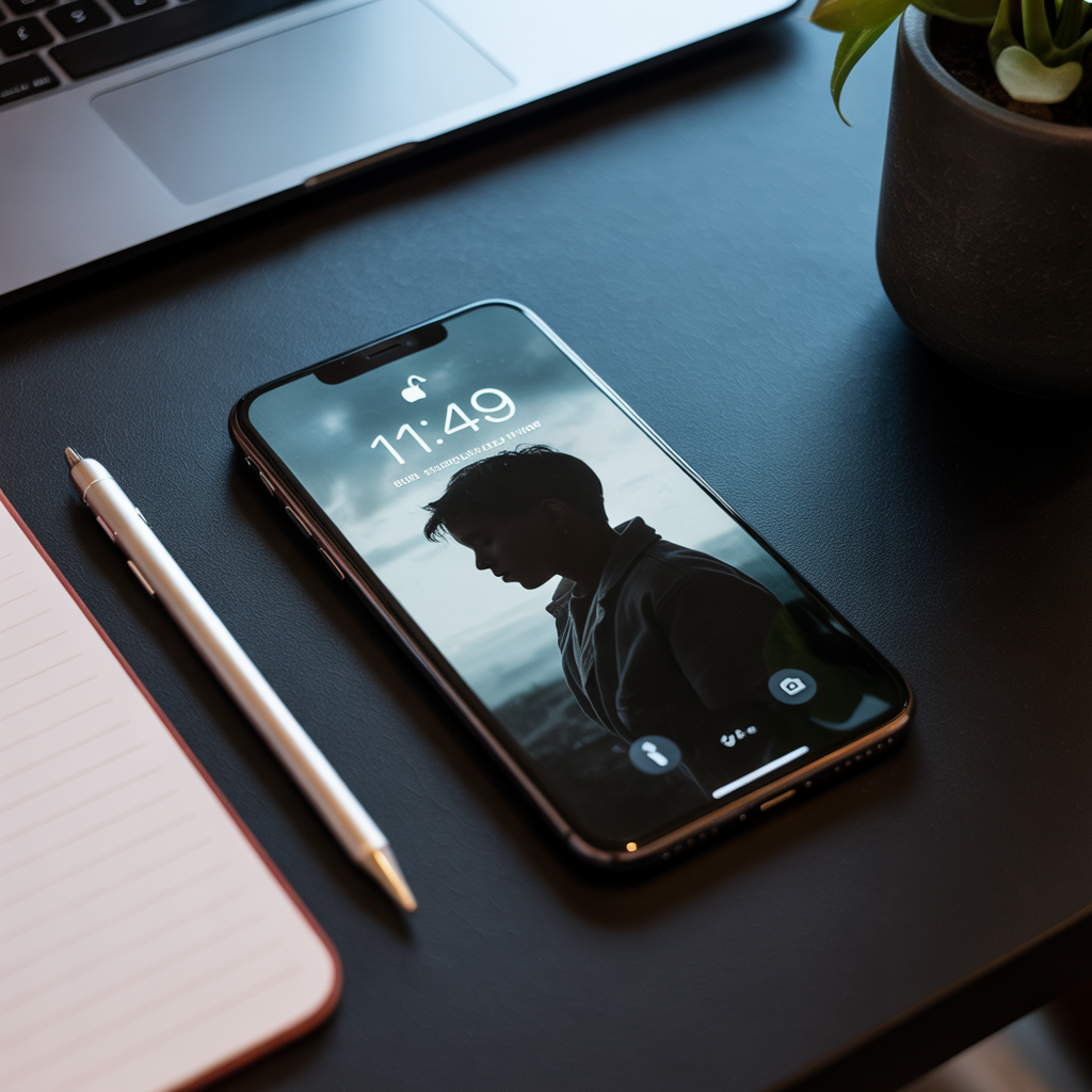Aesthetic Wallpaper Background for iPhone Boy Stylish & Minimal HD Designs 2 A stylish iPhone on a desk, lock screen showing a minimal dark wallpaper with a boy silhouette theme, clean modern aesthetic.