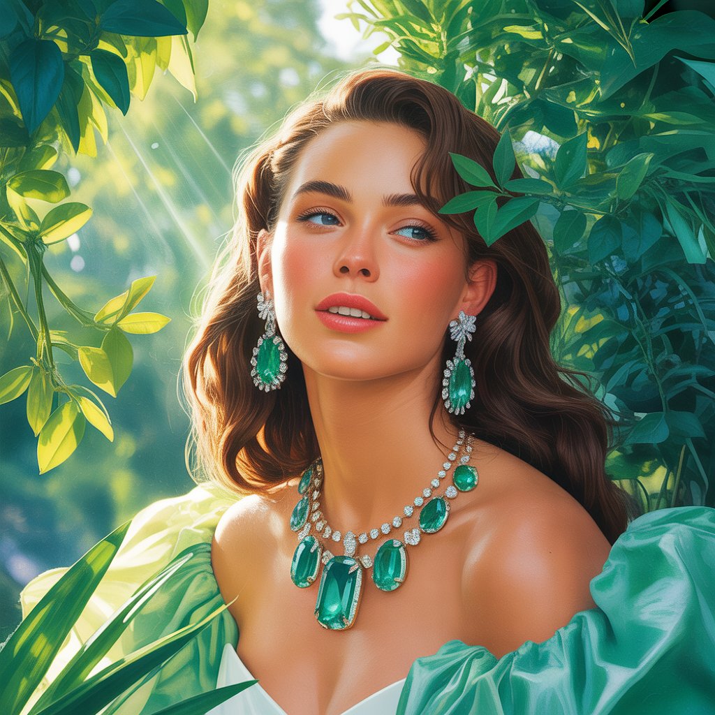 Emerald Jewelry Designs 2025 2 : A vibrant digital illustration of a woman at a garden party, adorned with sparkling emerald earrings and necklace, surrounded by lush green foliage and soft sunlight filtering through leaves, in a dreamy, ethereal style that's eye-catching and luxurious.