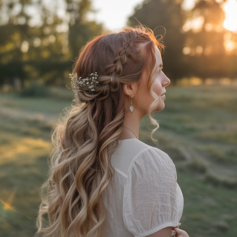 A woman with long wavy hair in a braided half-up hairstyle, styled with soft curls and tiny flowers, standing in golden-hour sunlight.