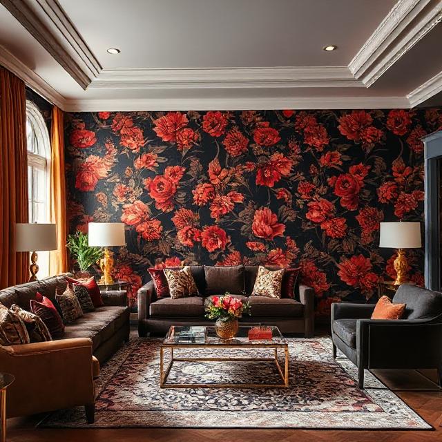 Bloom Your Space with Stunning Flower Wallpapers 5 A dramatic living room with deep-hued floral wallpaper in sunset colors, paired with gold accents.