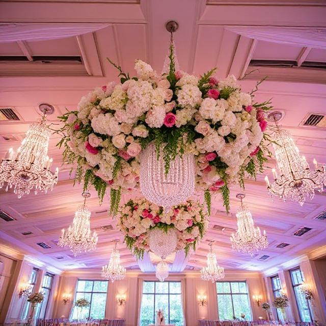 Secret Garden Wedding: Enchanting Pastel Floral Decor & Dreamy Wedding Chandeliers 6 Indoor reception with floral ceiling installation, crystal chandeliers, and warm ambient lighting.